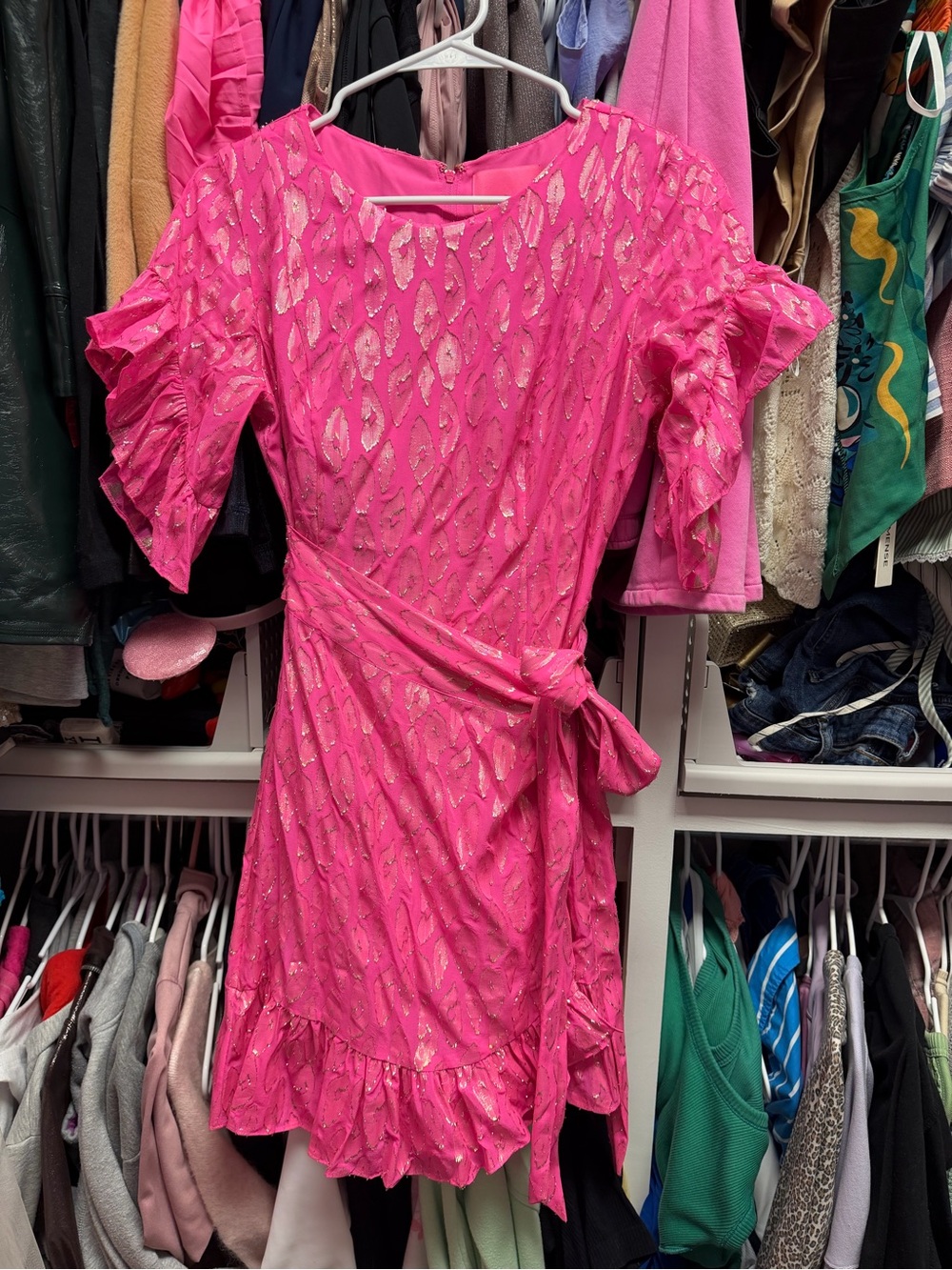 Lilly Pulitzer Darla Silk Hot Pink Metallic Leopard Ruffle Wrap Dress